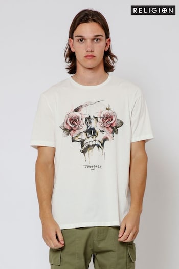 Religion White Roses Skull T-Shirt (E06558) | £38