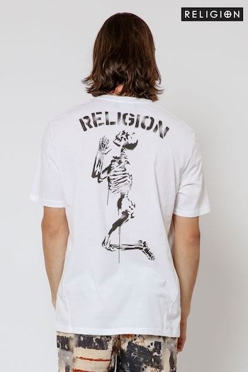 Religion White Praying Skeleton Stencil T-Shirt (E06565) | £38