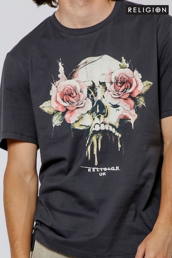 Religion Black Roses Skull T-Shirt (E06566) | £38
