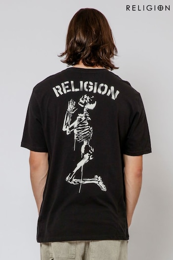 Religion Black Praying Skeleton Stencil T-Shirt (E06568) | £38