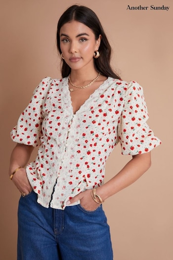 Another Sunday Lace Trim Puff Sleeve Button Through Ecru Ditsy Floral White Blouse (E06760) | £35