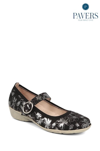Pavers Floral Mary Janes Black Shoes (E06761) | £33