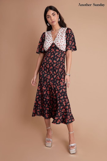 Another Sunday Mix Print Flutter Sleeve Black and Ecru Ditsy Floral Midi White Dress (E06764) | £45