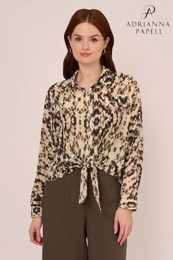 Adrianna Papell Animal Print Button Front Tie Woven Blouse With Flap Pockets (E06794) | £69