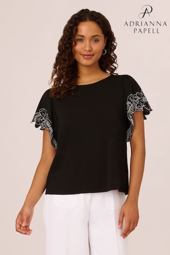 Adrianna Papell Solid Knit Black Top With Embroidered Trim Short Flutter Sleeves (E06804) | £39