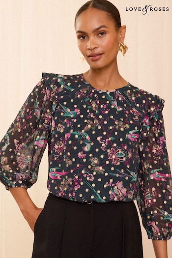 Love & Roses Green Bird Metallic Petite Printed Crew Neck Blouse (E06915) | £42