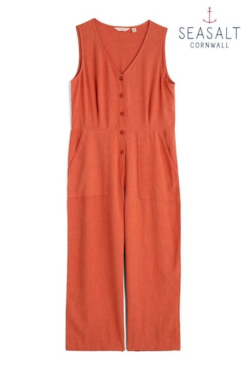 Seasalt Cornwall Orange Carthew V-Neck Linen Blend Jumpsuit (E07167) | £70