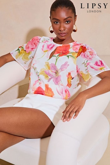 Lipsy White Floral Flutter Sleeve Chiffon Blouse (E07266) | £40