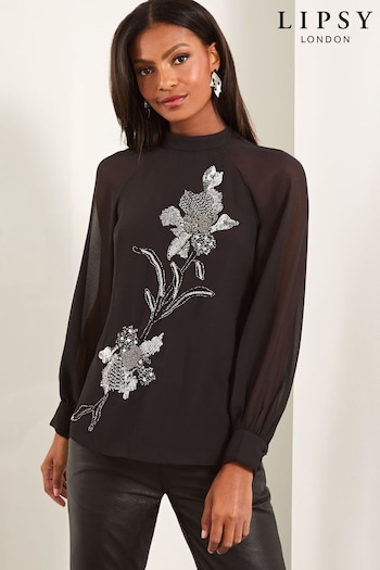 Lipsy Black High Neck Embellished Blouse (E07288) | £59