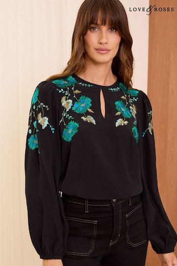 Love & Roses Blue Floral / Black Embroidered Long Sleeve Blouse (E07369) | £45