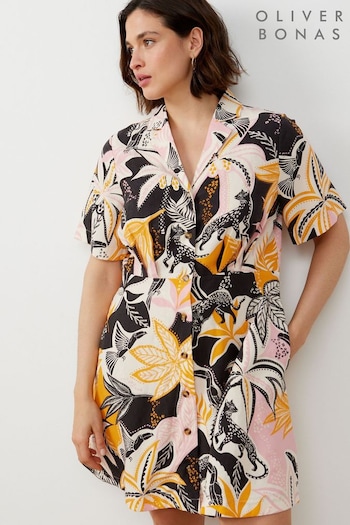 Oliver Bonas Pink And Orange Tropical Print Mini Black Shirt tki Dress (E07617) | £75
