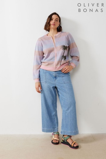 Oliver Bonas Metallic Palm Tree Pink Sparkle Knitted Bomber Jacket (E07635) | £65