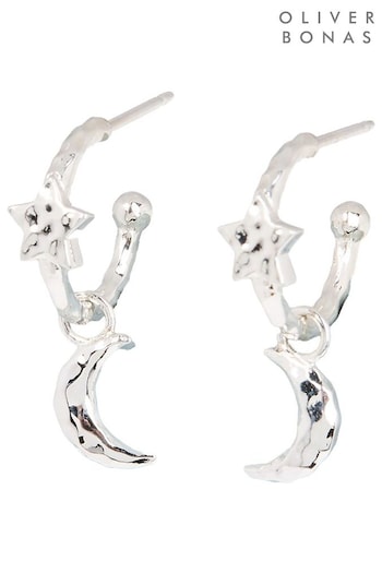 Oliver Bonas Silver Tone Lucy Molten Star And Moon Drop Earrings (E07638) | £35