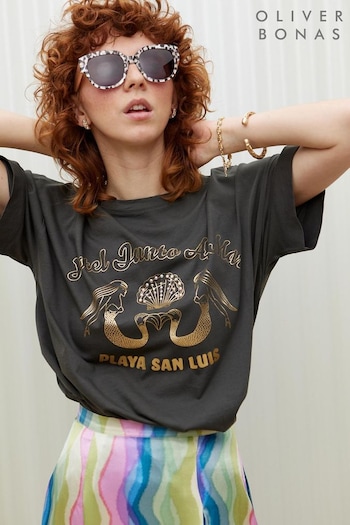 Oliver Bonas Grey Gold Mermaid Graphic T-Shirt (E07654) | £32