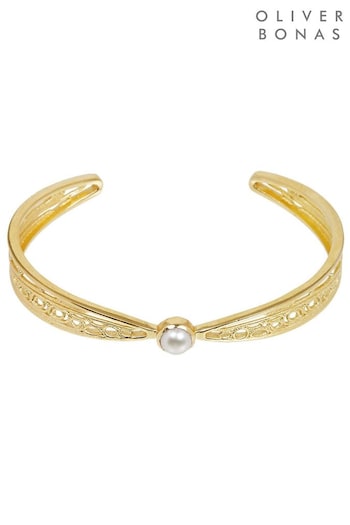 Oliver Bonas Seren Filigree Pearl Gold Plated White Bangle (E07661) | £55