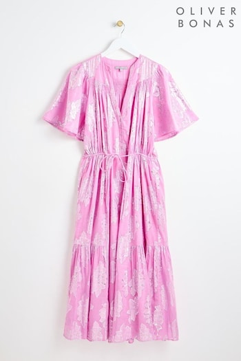 Oliver Bonas Pink Leaf Midi Dress (E07688) | £95