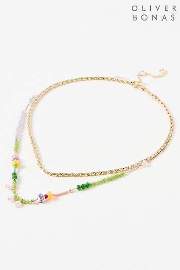 Oliver Bonas Green Rio Layered Colourful Beaded Necklace (E07689) | £28