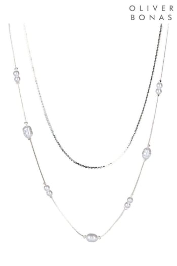 Oliver Bonas Silver Tone Mara Faux Pearl Layered Necklace (E07700) | £28