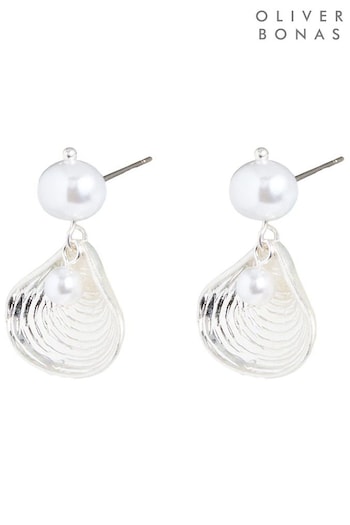 Oliver Bonas Silver Tone Coraline Shell and Faux Fur Pearl Drop Earrings (E07705) | £18