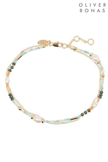 Oliver Bonas Blue Skye Beaded And Faux Pearl Layered Anklet (E07712) | £26