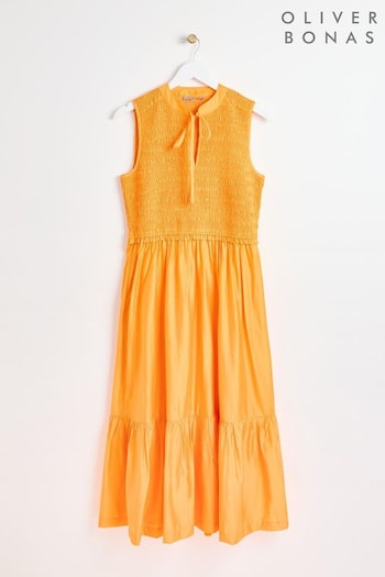 Oliver Bonas Orange Shirred Bodice Midi Dress (E07715) | £78