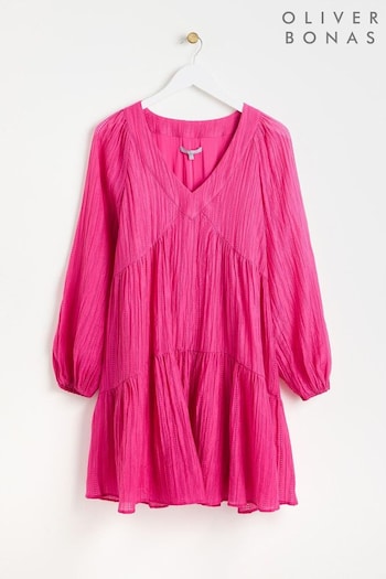 Oliver Bonas Pink Textured Tiered Mini Dress (E07724) | £75