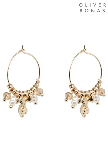 Oliver Bonas Gold Tone Thea Faux Fur Pearl Thin Hoops Earrings (E07726) | £18