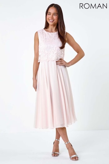 Roman Pink Lace Pleated Midi Dress (E07731) | £70