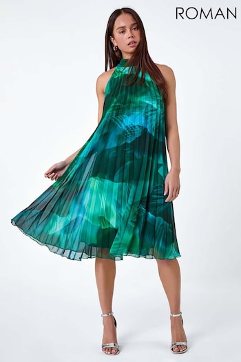 Roman Green Abstract Halter Neck Pleat Dress (E07754) | £62