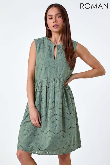 Roman Green Broderie Cotton Dress (E07755) | £42
