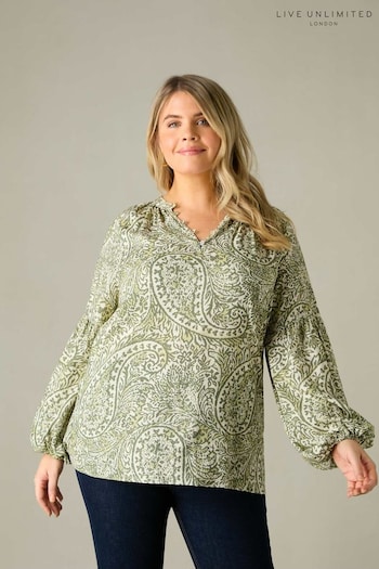 Live Unlimited Green Curve Paisley Nehru Collar Blouse (E07813) | £65