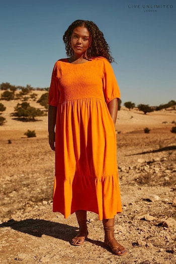 Live Unlimited Orange Curve Smock Midi Dress (E07817) | £79
