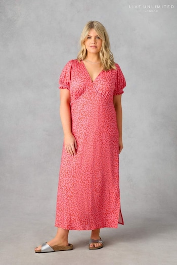 Live Unlimited Pink Curve Floral Jersey Shirred Cuff Maxi Dress (E07821) | £59