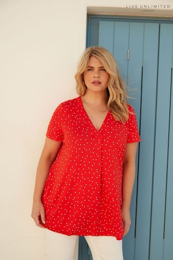 Live Unlimited Red Curve Spot Print Jersey Pleat Front Top (E07828) | £45