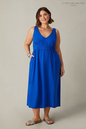 Live Unlimited Blue Curve Linen Mix V-Neck Midi Dress (E07843) | £69