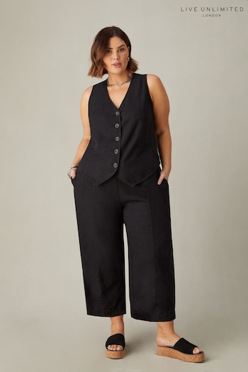 Live Unlimited Curve Linen Mix Wide Leg Seamed Cropped Black Trousers (E07850) | £59