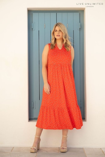 Live Unlimited Red Curve Spot Jersey Sleeveless Midi Dress (E07852) | £59