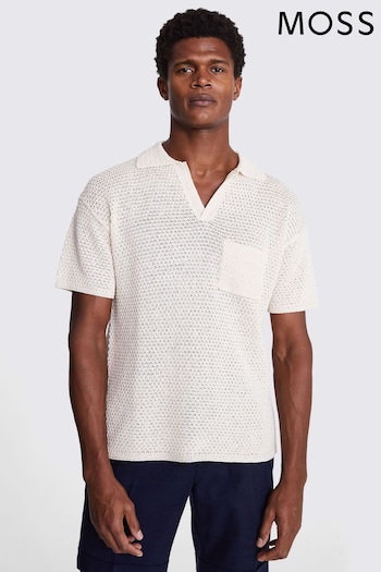 MOSS Ecru Natural Open Knit Skipper Polo Shirt (E07913) | £70