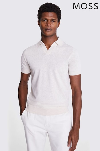 MOSS Natural Linen Blend Oatmeal Skipper Polo Shirt (E07922) | £50