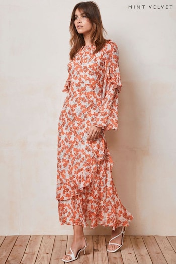Mint Velvet Orange Floral Print Ruffle Maxi Dress (E07945) | £199