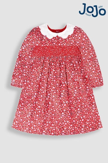 JoJo Maman Bébé Red Winter Blossom Smocked Party Dress (E08124) | £38