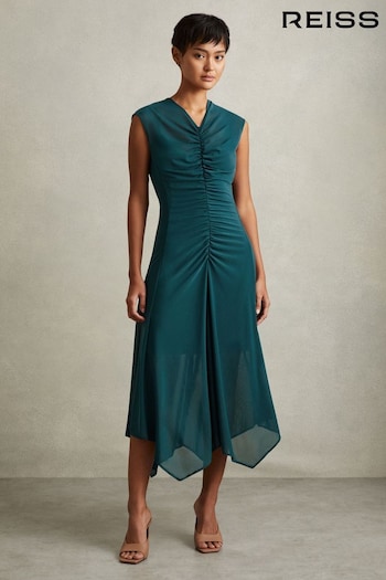 Reiss Teal Lyra Mesh Jersey Ruched Midi Dress (E08139) | £148