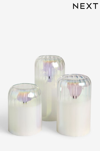 Set of 3 Iridescent Glass Ribbed LED Pillar Candles (E08219) | £24