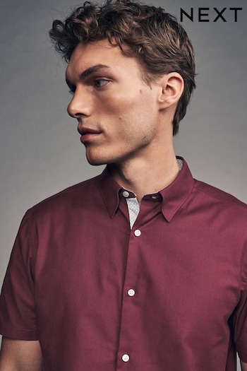 Burgundy Red Slim Fit Stretch Oxford Short Sleeve Shirt (E08564) | £28