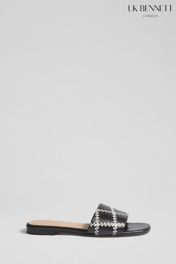 LK Bennett Hema Leather Stitch Detail Flat Black Mules (E08606) | £199
