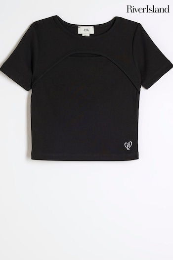 River Island Black Girls Rib Cut Out T-Shirt (E08734) | £14