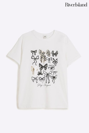 River Island White Girls Graphic Leopard Bow T-Shirt (E08741) | £14
