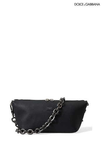 Dolce per & Gabbana Leather Chain Shoulder Black Bag with Zipper Closure and Logo Details (E08968) | £805