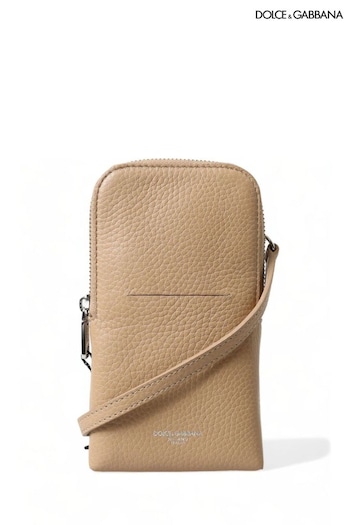 Dolce & Gabbana Leather Cross-Body Brown Phone Bag with Logo Details and Zipper Closure (E08972) | £445