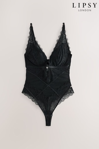 Lipsy Black Lace Low Plunge Thong Bodysuit (E09006) | £49